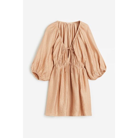 H&M Beige Oversized Lyocell-blend Dress XL Mini Long Sleeves V Neck Tie Sand Tan - Picture 1 of 7